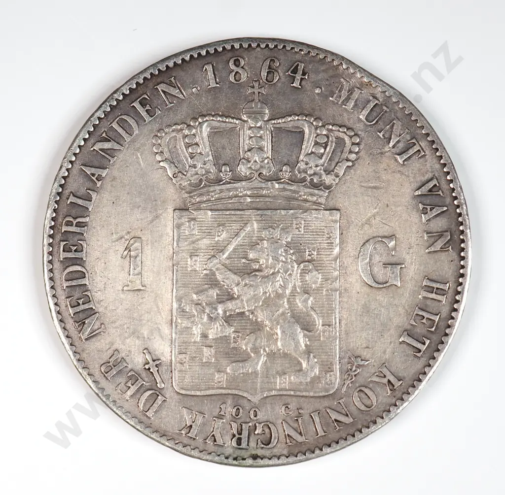 Netherlands 1864 One Gulden, Very Fine Image 1++