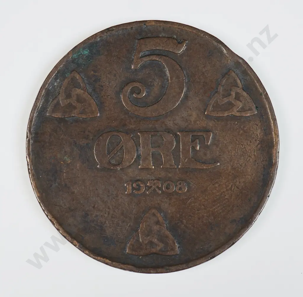 Norway 1908 Five Ore, Fine Image 1++