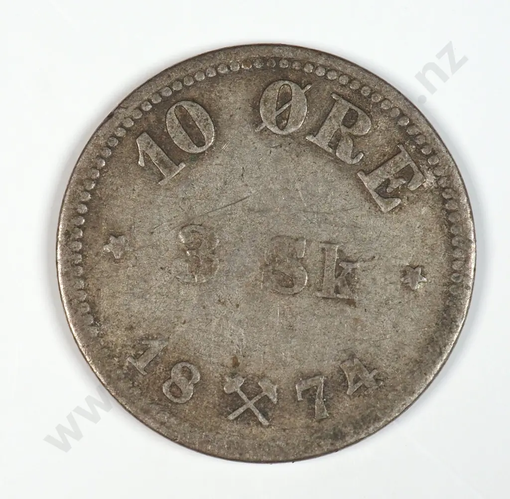 Norway 1874 Ten Ore, Fine Image 1++