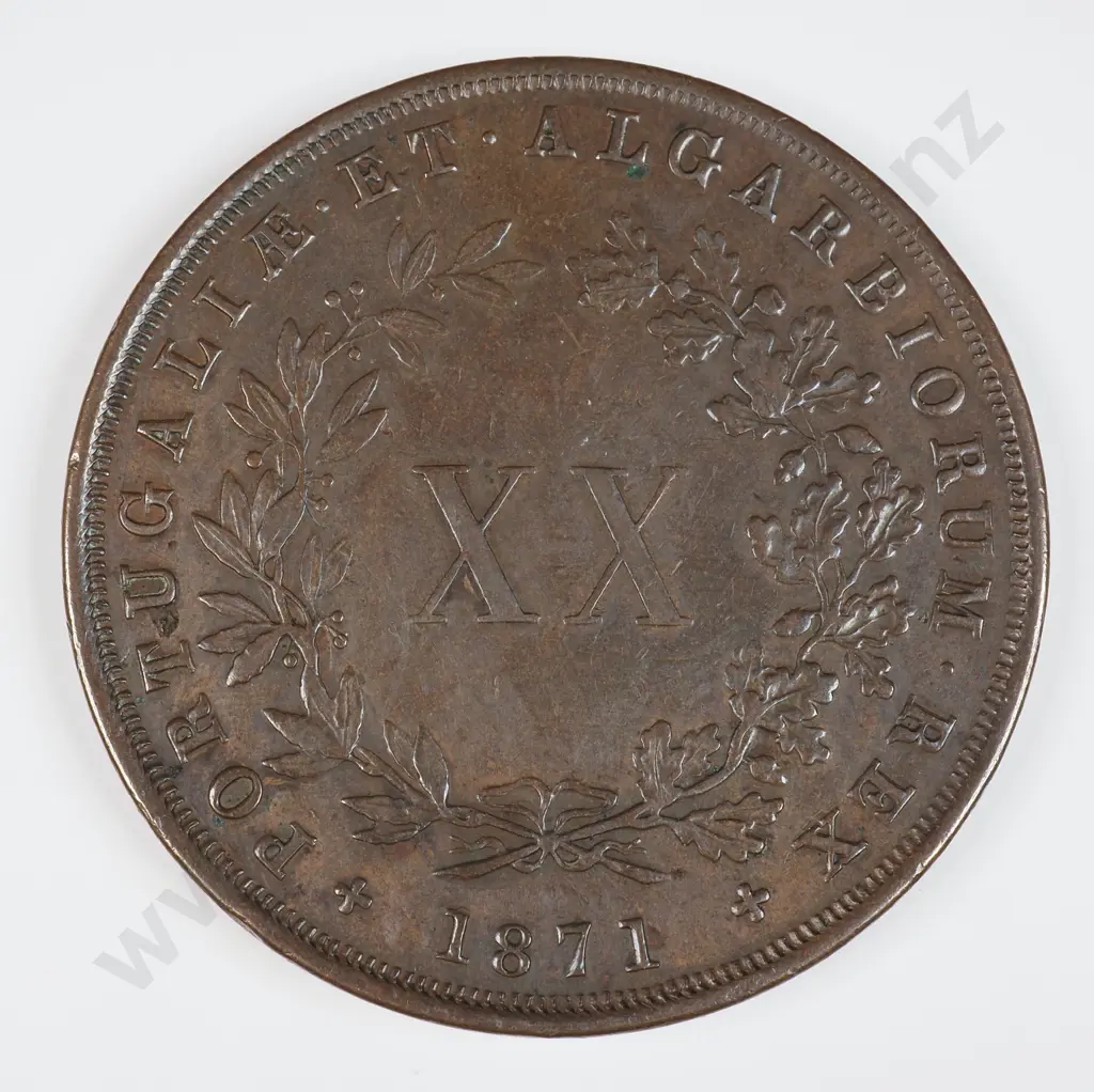 Portugal 1871 Twenty Reis, Very Fine Image 1++