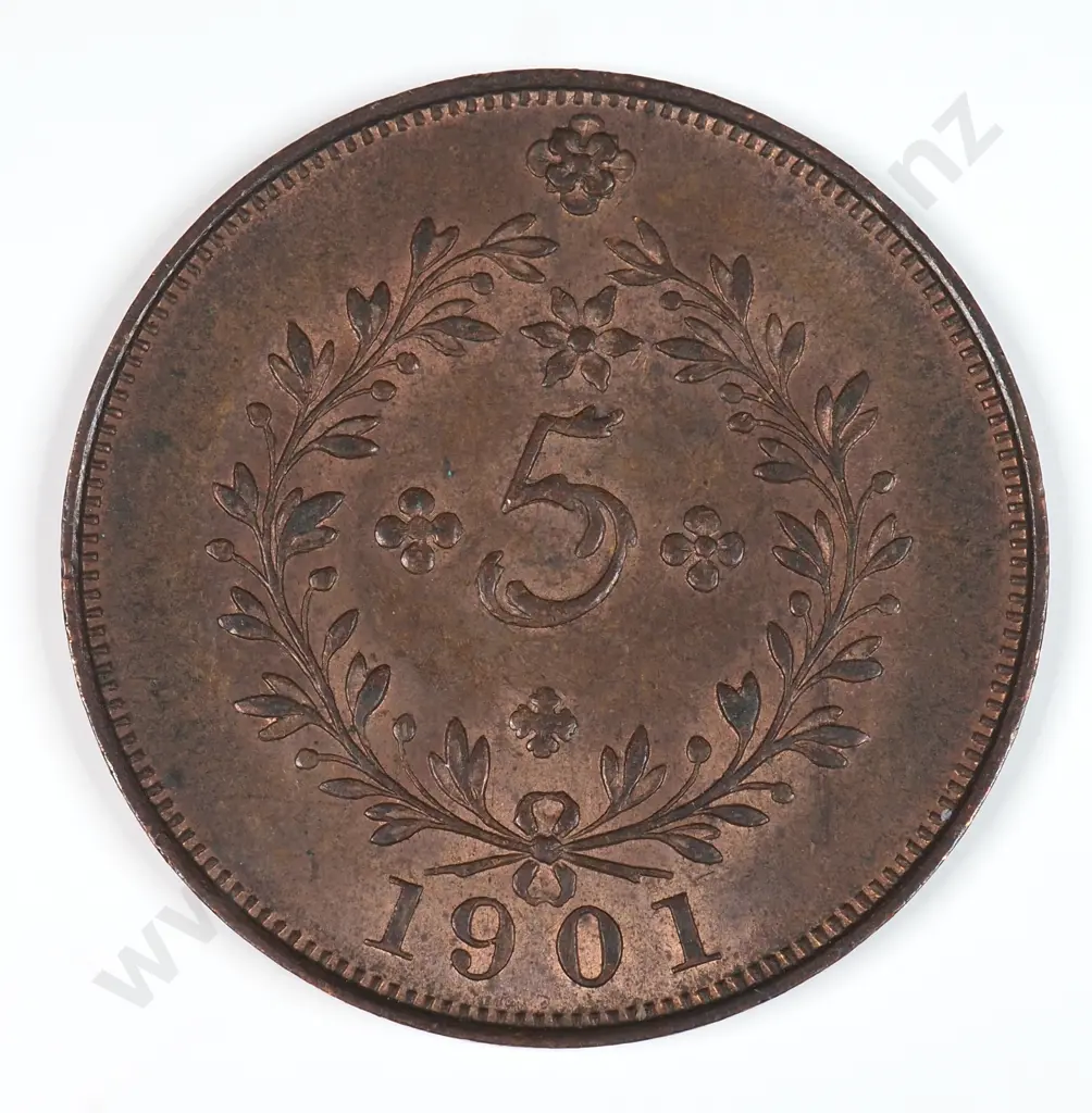 Portugal 1901 Five Reis, Almost Uncirculated Image 1++
