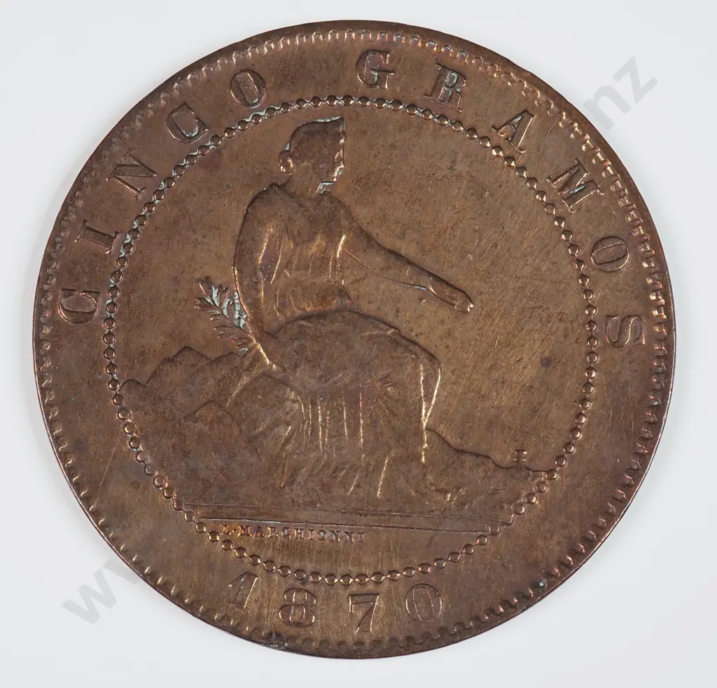 Spain 1870 Five Centimos, Extremely Fine Image 1++