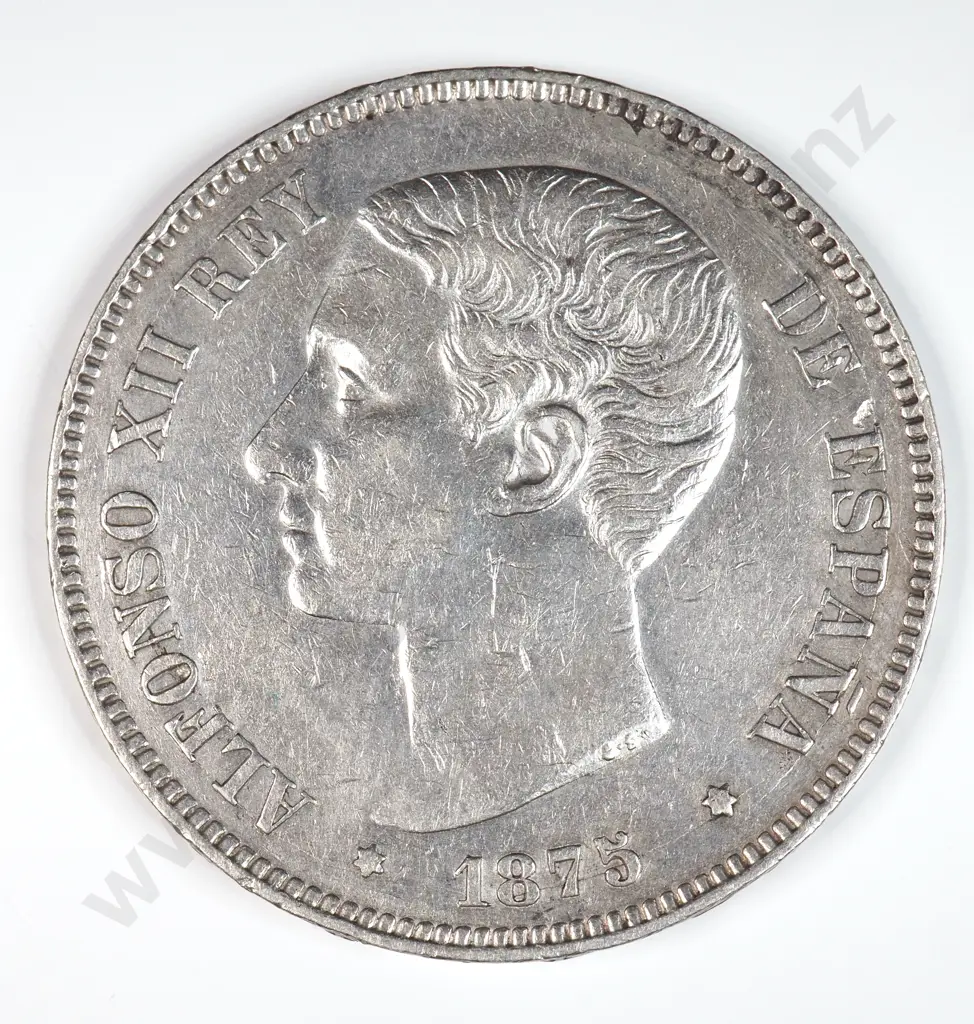 Spain 1875 Five Pesetas, Extremely Fine Image 1++