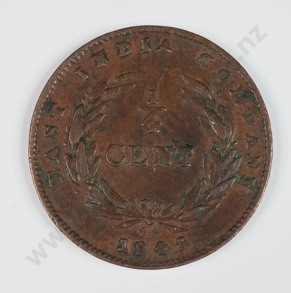 Straits Settlements 1845 Quarter Cent, Very Fine Image 1++