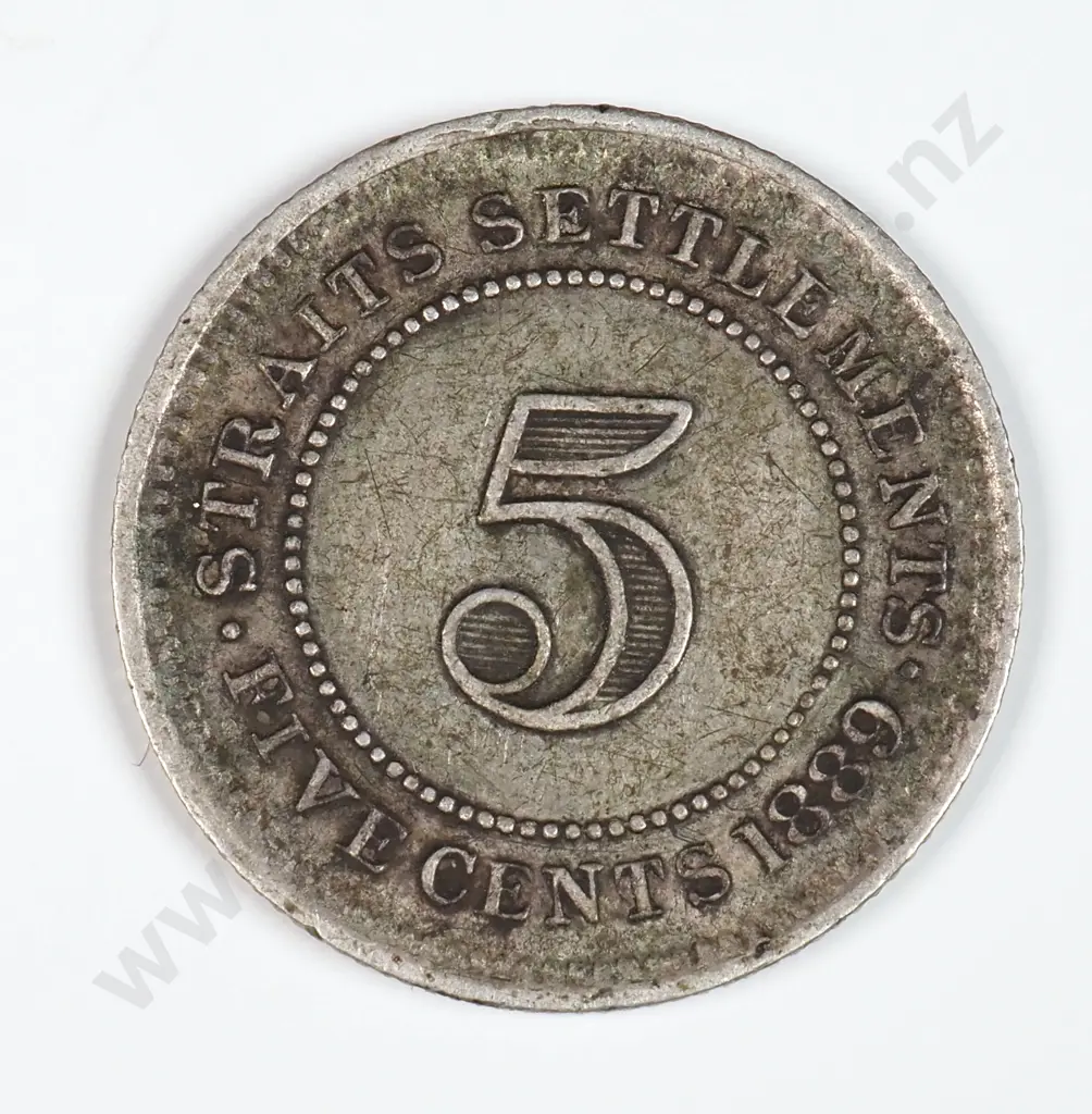 Straits Settlements 1889 Five Cents, Very Fine Image 1++
