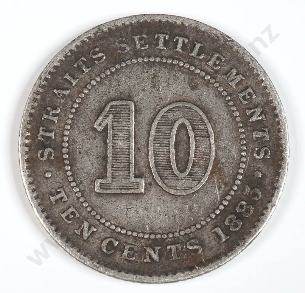 Straits Settlements 1885 Ten Cents, Fine Image 1++