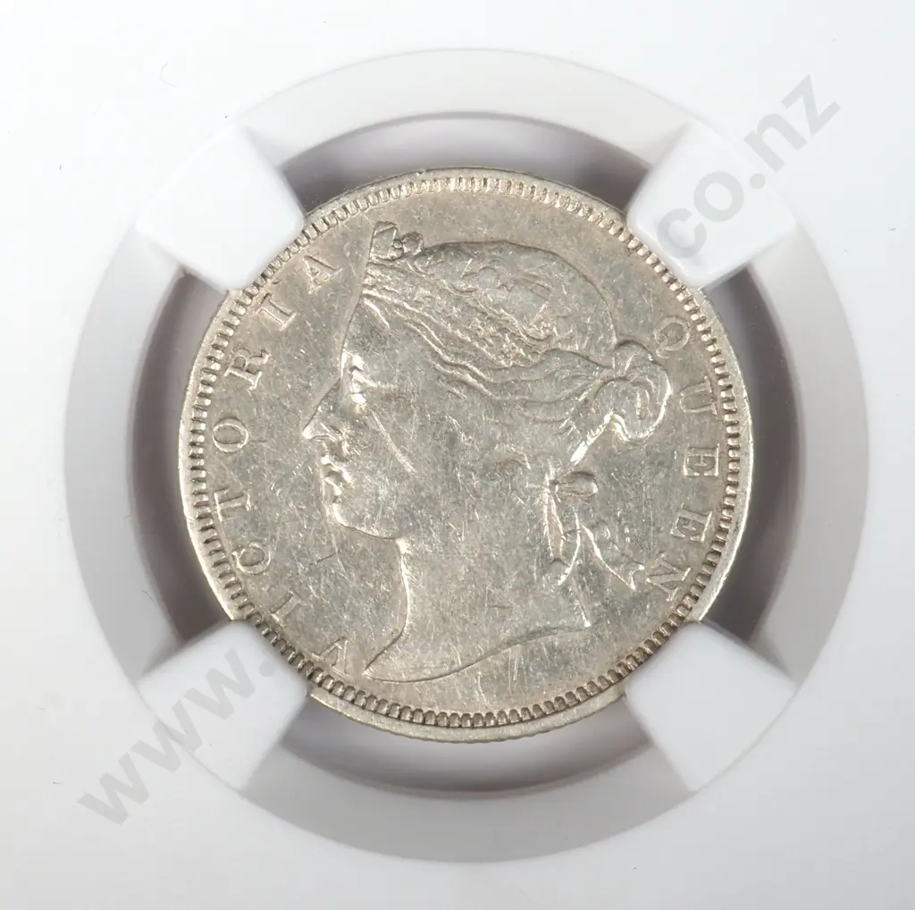 Straits Settlements 1871 Twenty Cents, Slabbed And Graded By Ngc As "xf Details = Chopmarked". There Is One Chinese Chopmark On The Reverse. Catalogue Vale Of Usd $1300 ( Nzd $2166 ) In Very Fine And Usd $3000 ( Nzd $5000 ) In Extremely Fine Image 1++