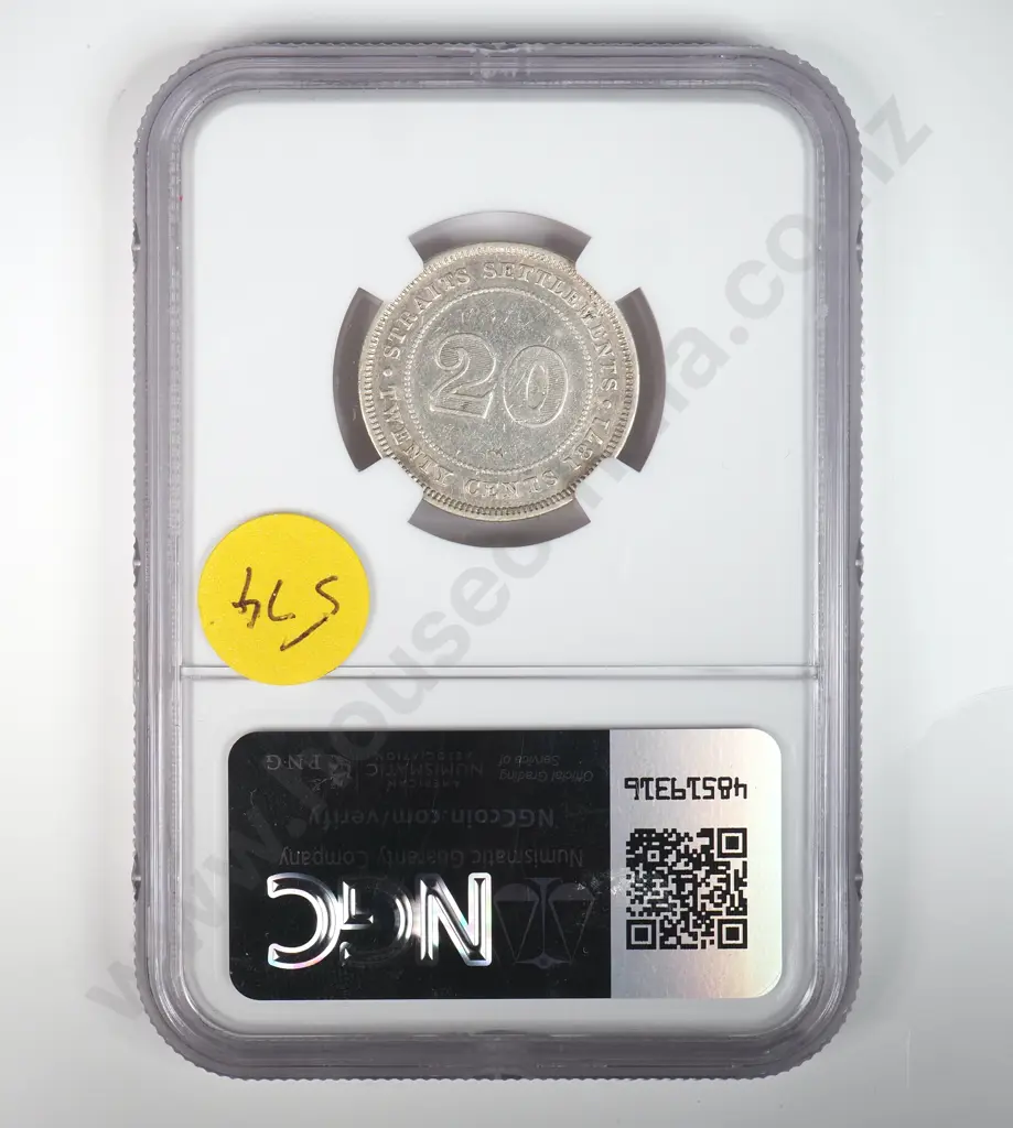Straits Settlements 1871 Twenty Cents, Slabbed And Graded By Ngc As "xf Details = Chopmarked". There Is One Chinese Chopmark On The Reverse. Catalogue Vale Of Usd $1300 ( Nzd $2166 ) In Very Fine And Usd $3000 ( Nzd $5000 ) In Extremely Fine Image 1++