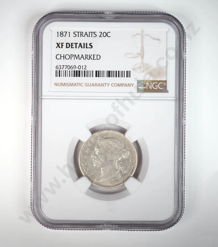 Straits Settlements 1871 Twenty Cents, Slabbed And Graded By Ngc As "xf Details = Chopmarked". There Is One Chinese Chopmark On The Reverse. Catalogue Vale Of Usd $1300 ( Nzd $2166 ) In Very Fine And Usd $3000 ( Nzd $5000 ) In Extremely Fine Image 1++
