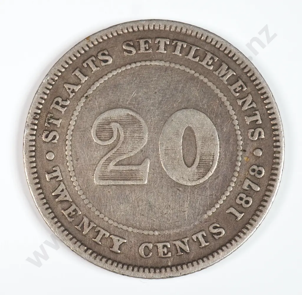 Straits Settlements 1878 Twenty Cents, Fine Image 1++