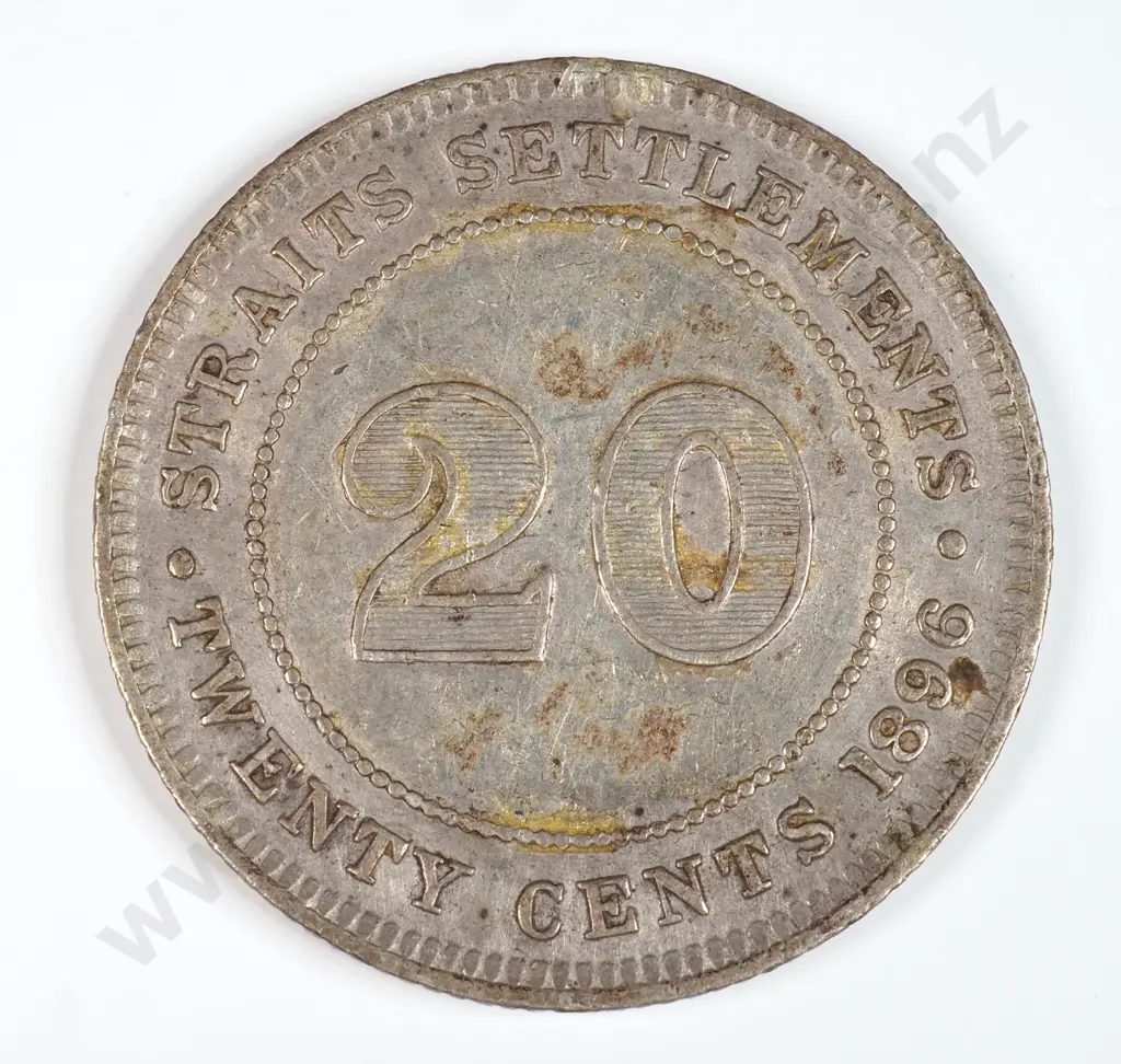 Straits Settlements 1896 Twenty Cents, Very Fine Image 1++