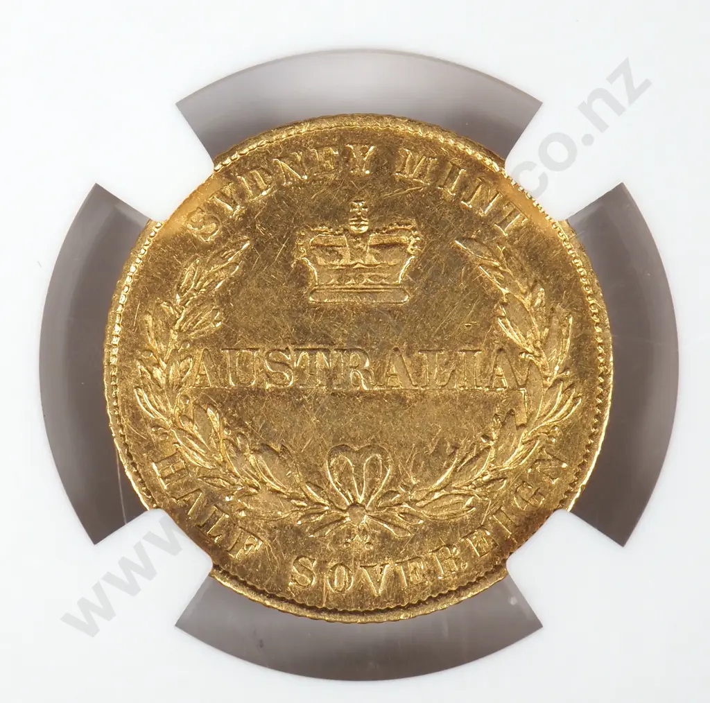 Gold Australia 1856 Sydney Mint Half Sovereign, Slabbed And Graded By Ngc As "au Details - Cleaned". Catalogue Vale Of Aud $4000 ( Nzd $4766 ) In Extremely Fine And Aud $8000 ( Nzd $9532 ) In Almost Uncirculated Condition Image 1++