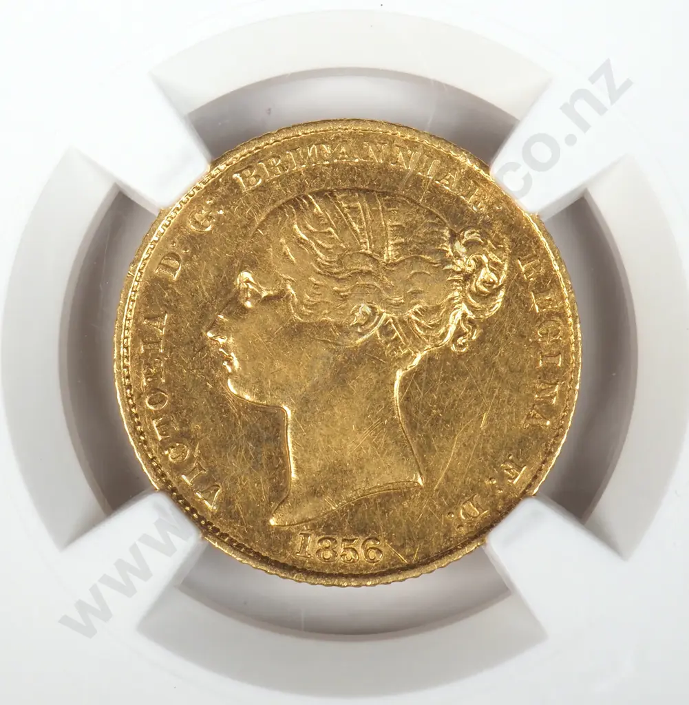 Gold Australia 1856 Sydney Mint Half Sovereign, Slabbed And Graded By Ngc As "au Details - Cleaned". Catalogue Vale Of Aud $4000 ( Nzd $4766 ) In Extremely Fine And Aud $8000 ( Nzd $9532 ) In Almost Uncirculated Condition Image 1++