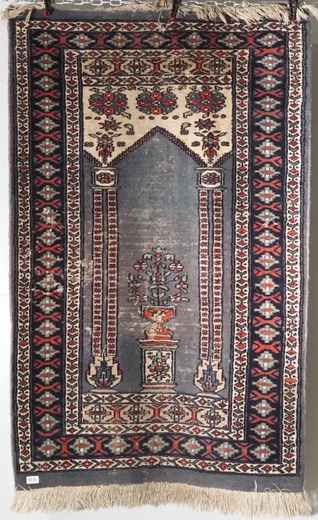 Hand-Knotted Prayer Rug in Terracotta, Grey Blue, Mint Green & Cream Tones Image 1++