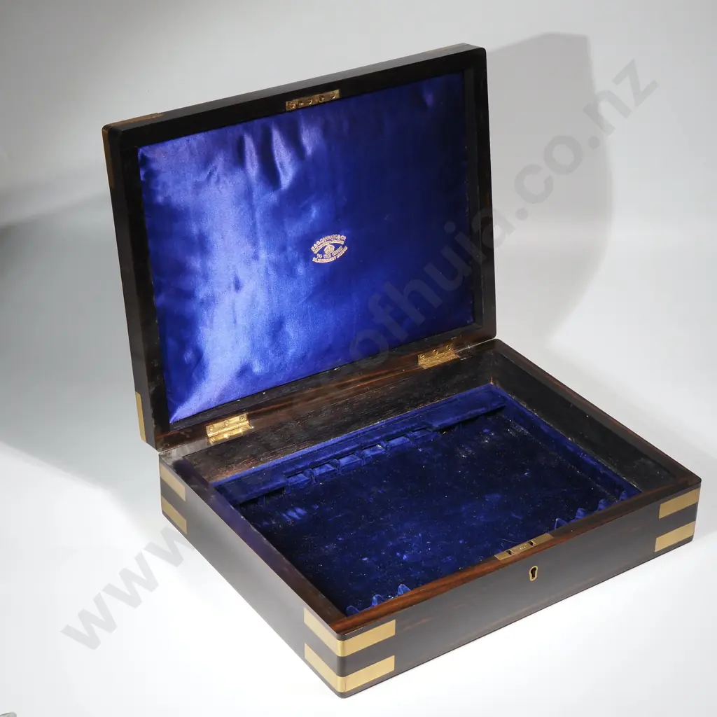 Antique Wood Box w Brass Mounts & Cartouche Image 1++