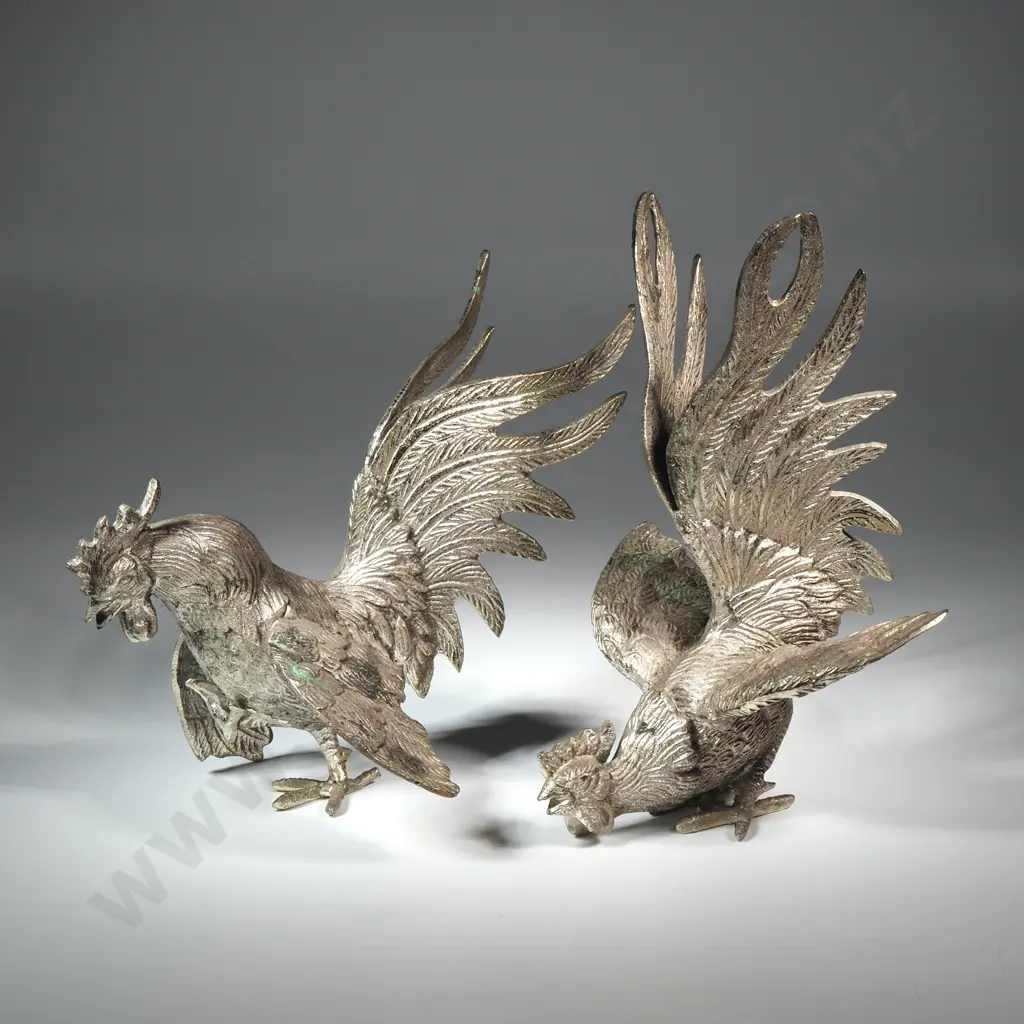Pair of Antique Vintage Silver Plate Fighting Cockerel Rooster Figures  Image 1++