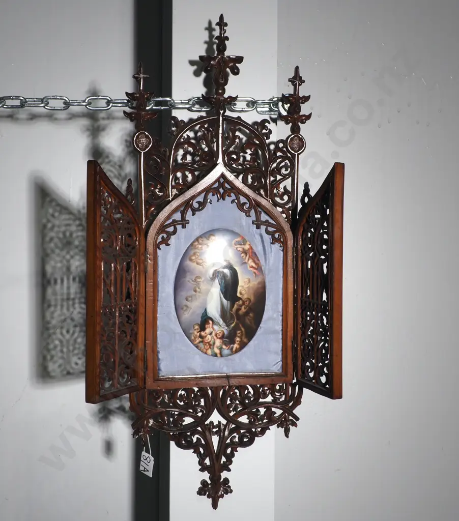 Religious Triptych w Carved Gothic Cathedral Frame Enclosing a German Hand-Painted Plaque of The Virgin Mary Image 1++