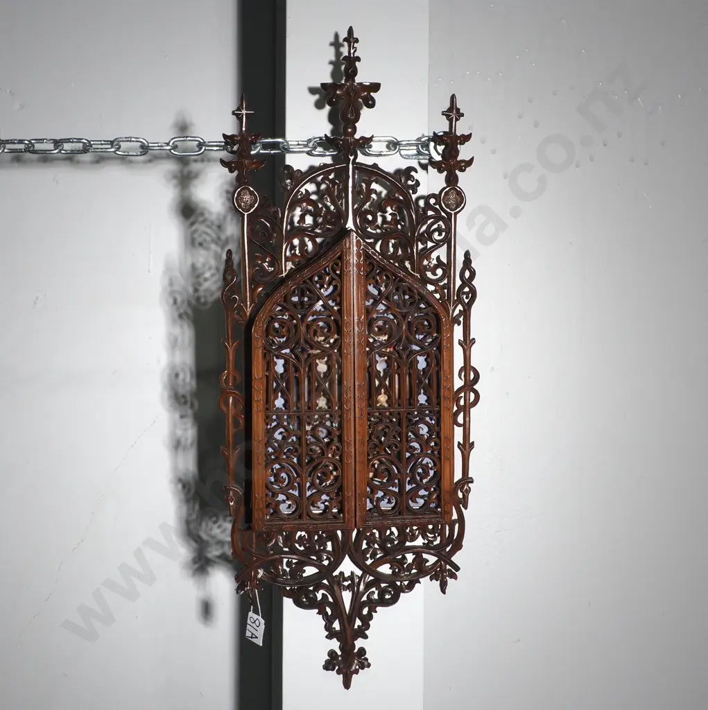 Religious Triptych w Carved Gothic Cathedral Frame Enclosing a German Hand-Painted Plaque of The Virgin Mary Image 1++