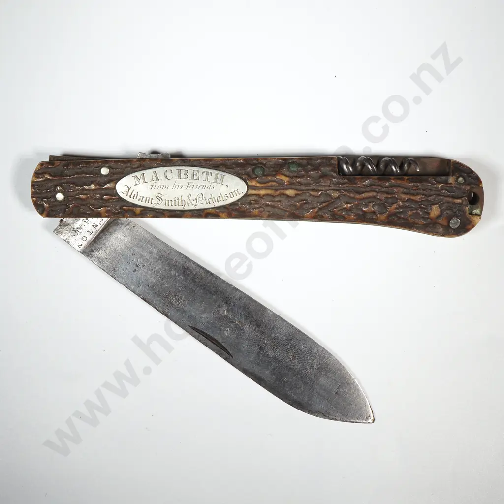 Vintage Pocket Knife w Stag Horn Handle & Corkscrew w An Engraved Silver Shield  Image 1++