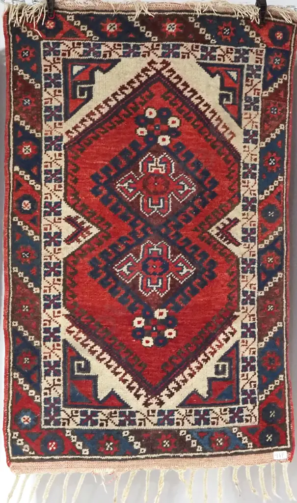 Vintage Woollen Hand Knotted Turkish Rug Featuring Red & Cream Tones Image 1++