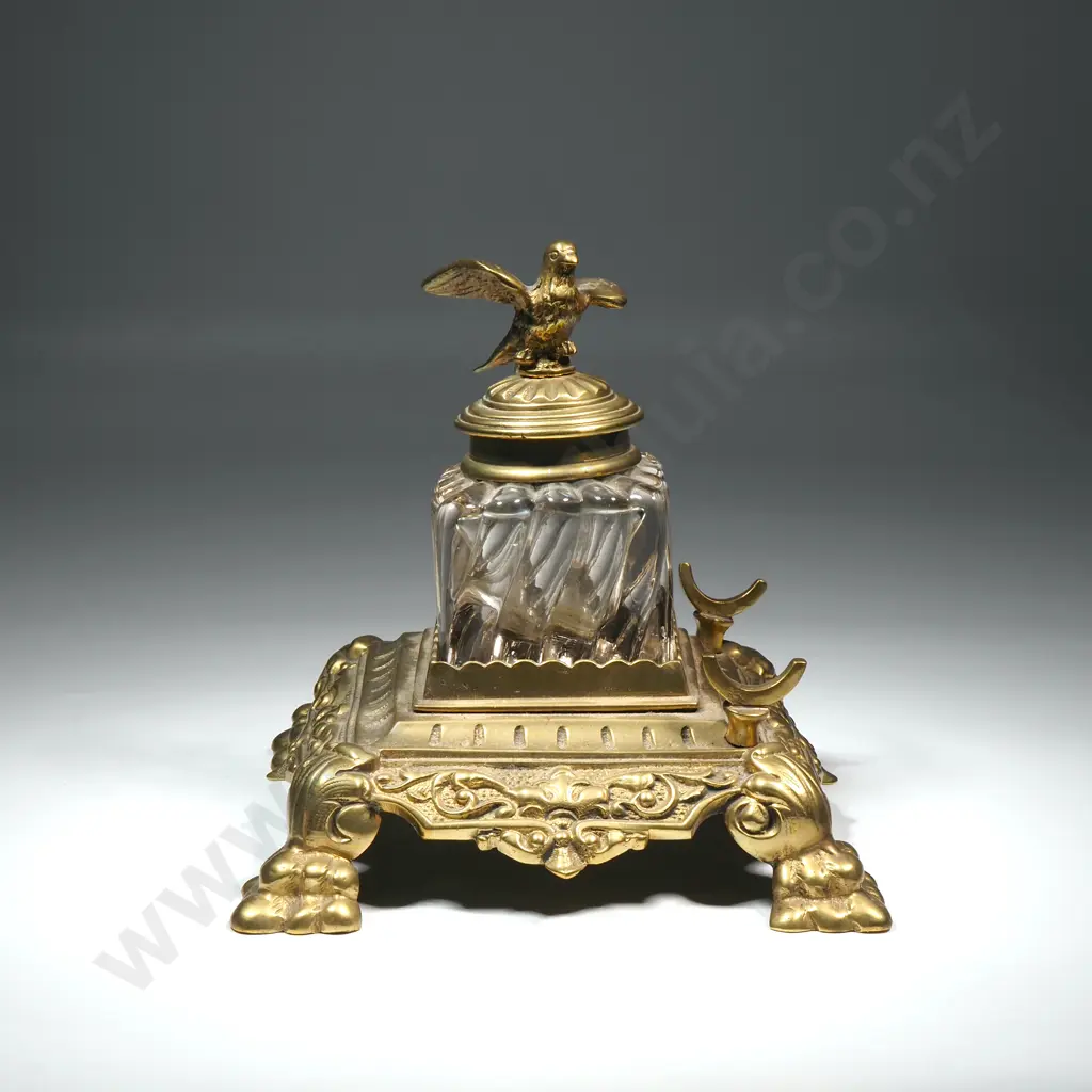 Antique Victorian Brass & Glass Inkwell w Ornate Brass Stand Image 1++
