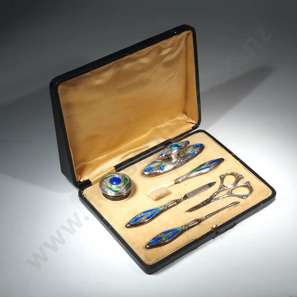 Magnificent Boxed Sterling Silver & Enamel Manicure Set by Henry Wilkinson & Co. Birmingham 1908 Image 1++