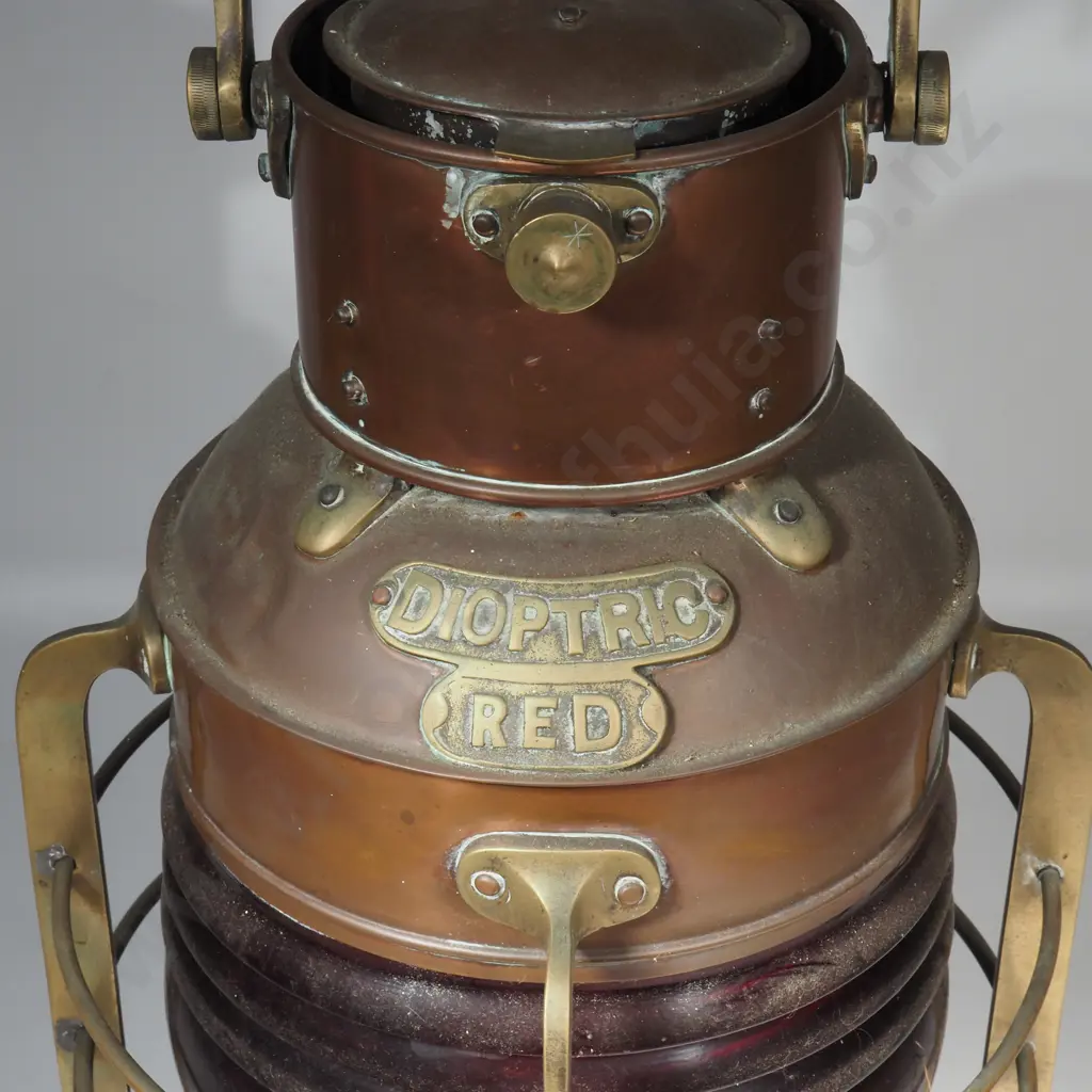 Vintage Port Side Copper & Brass Ship's Lantern w Fresnel Lens & Marked "Dioptric Red" Image 1++