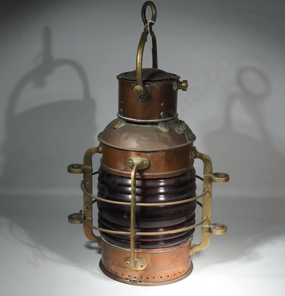 Vintage Port Side Copper & Brass Ship's Lantern w Fresnel Lens & Marked "Dioptric Red" Image 1++