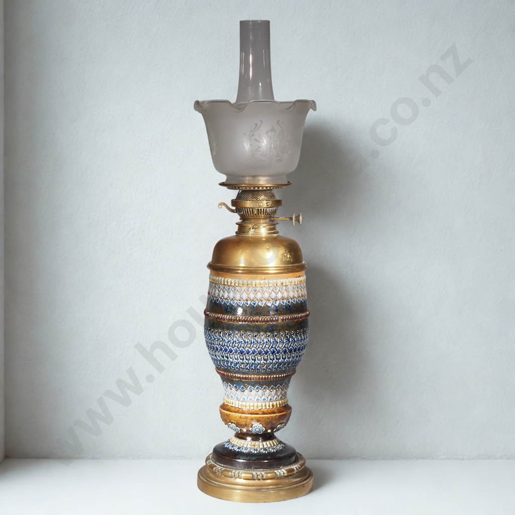 Impressive Doulton Lambeth Oil Lamp w Brass Double Burner Image 1++