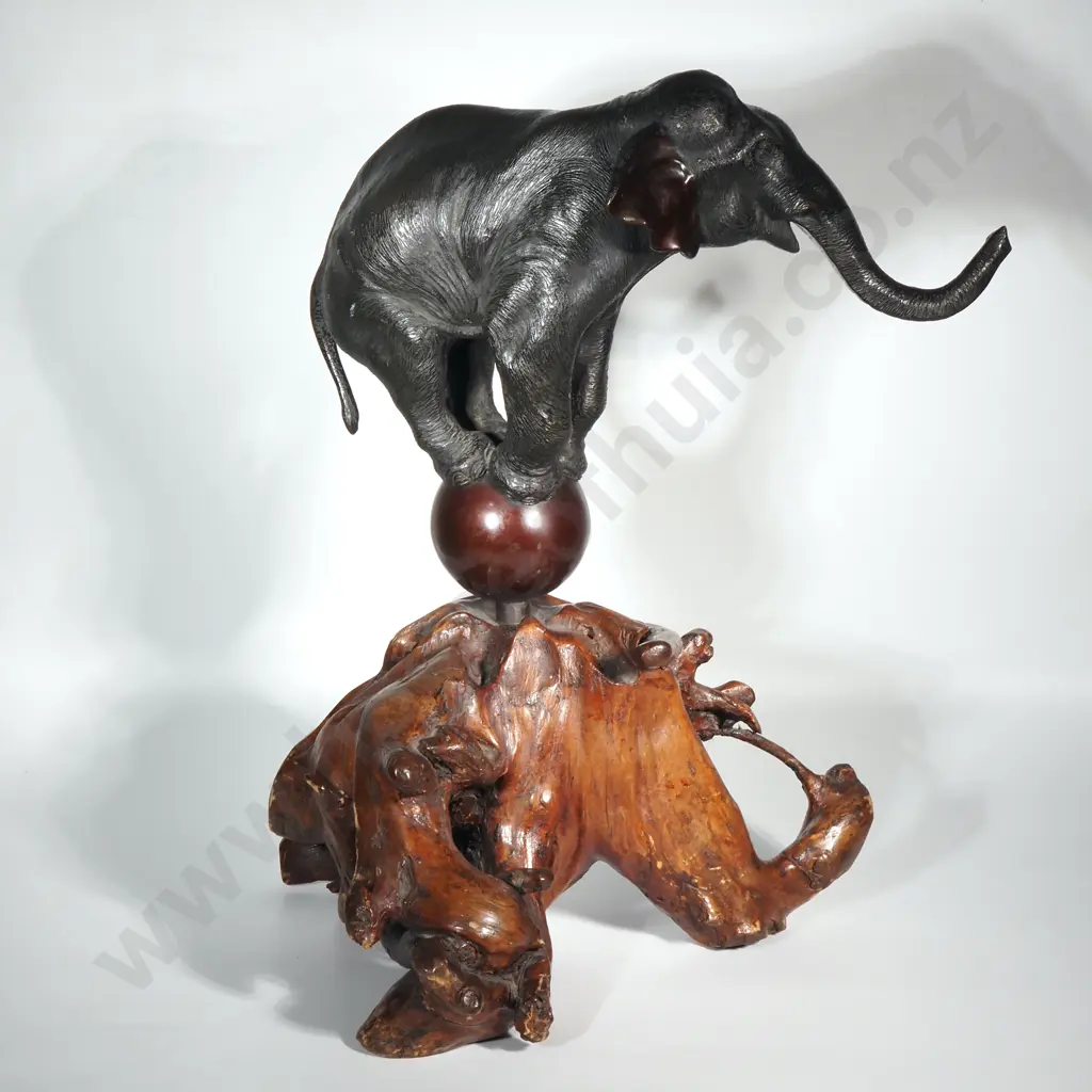 Magnificent Bronze Elephant Standing on Globe & Carved Naturalistic Wood Base Image 1++