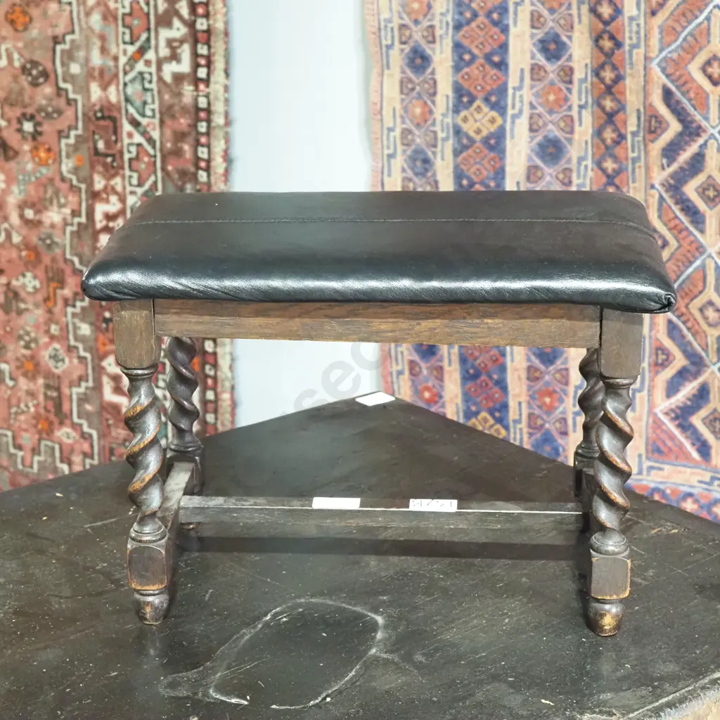 Jacobean Style Oak Footstool on Four Barley Twist Legs & w Padded Black Seat Image 1++