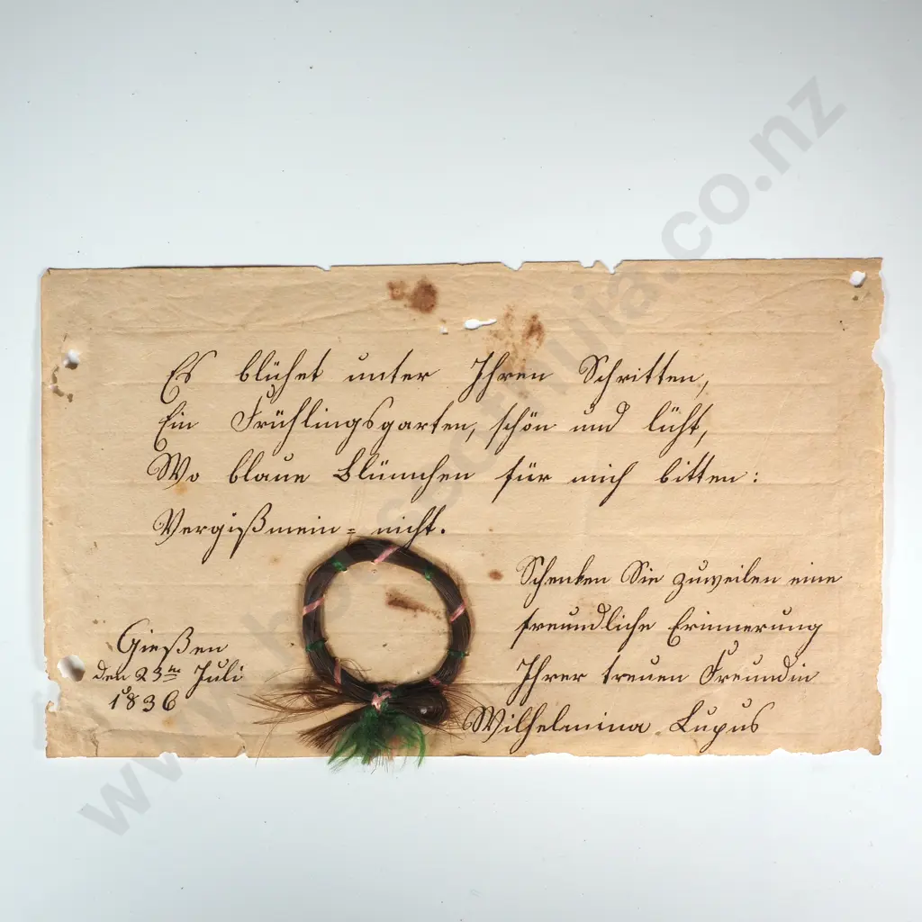 Antique Handwritten Note w a Piece of Hair Art (Braided Circle of Hair) - 1836 Image 1++