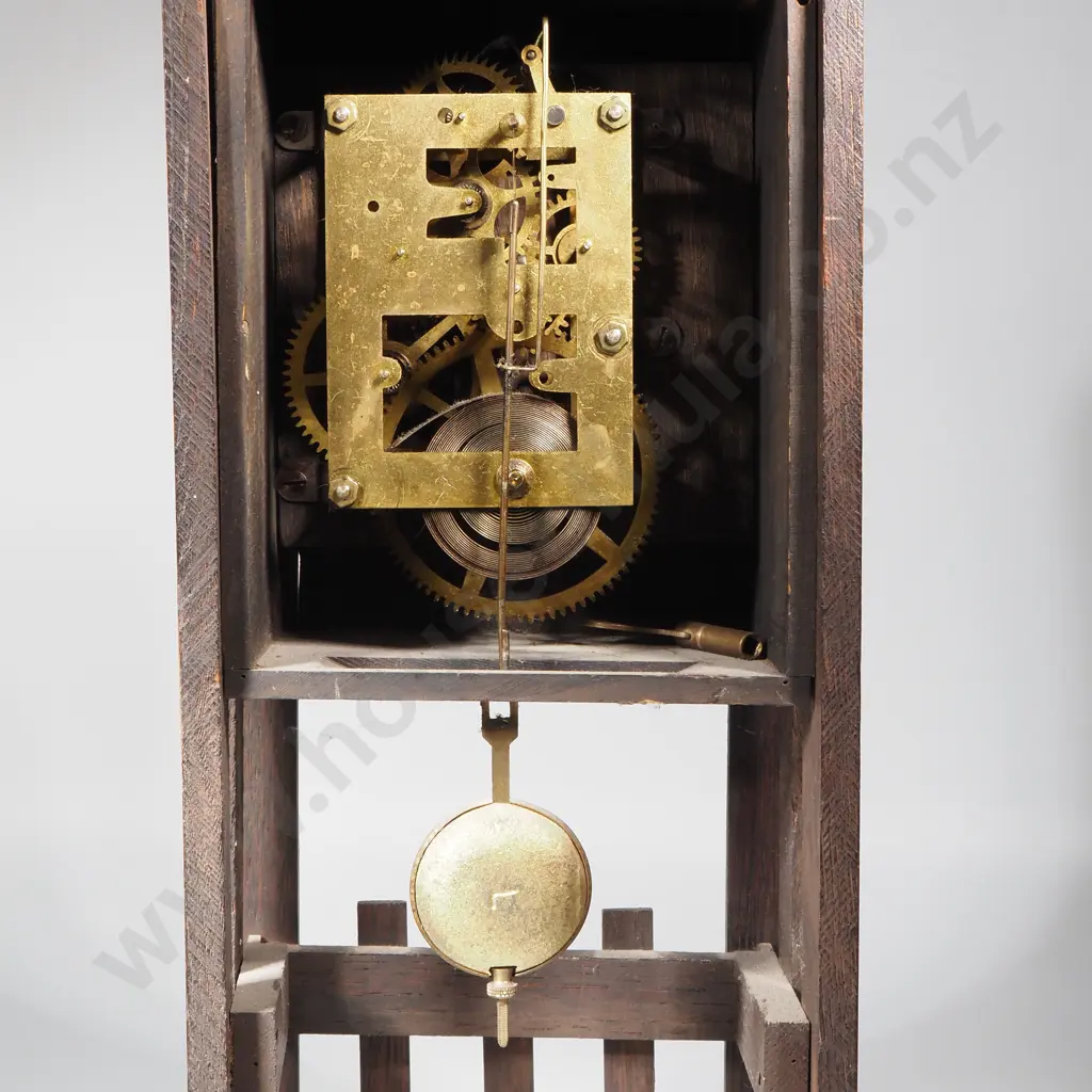 Arts & Crafts Oak Mantel Clock – Fence Post Design, Brass Arabic Numerals w Key Image 1++