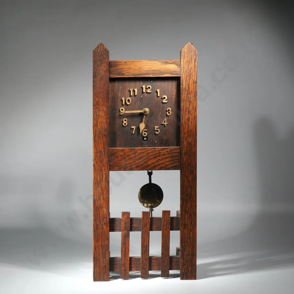 Arts & Crafts Oak Mantel Clock – Fence Post Design, Brass Arabic Numerals w Key Image 1++