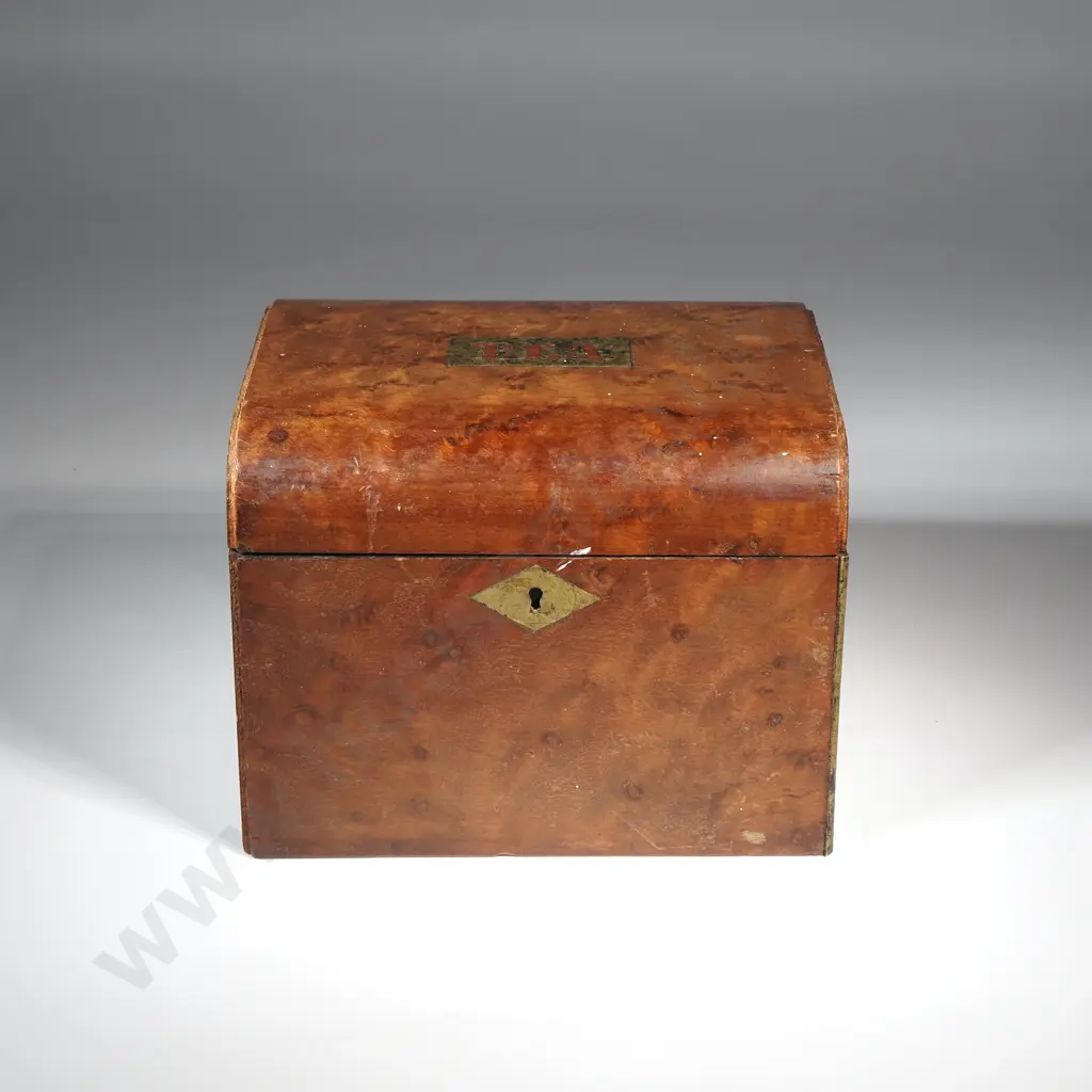 Small Antique Burr Wood Tea Caddy Marked Tea on Brass Plaque Image 1++