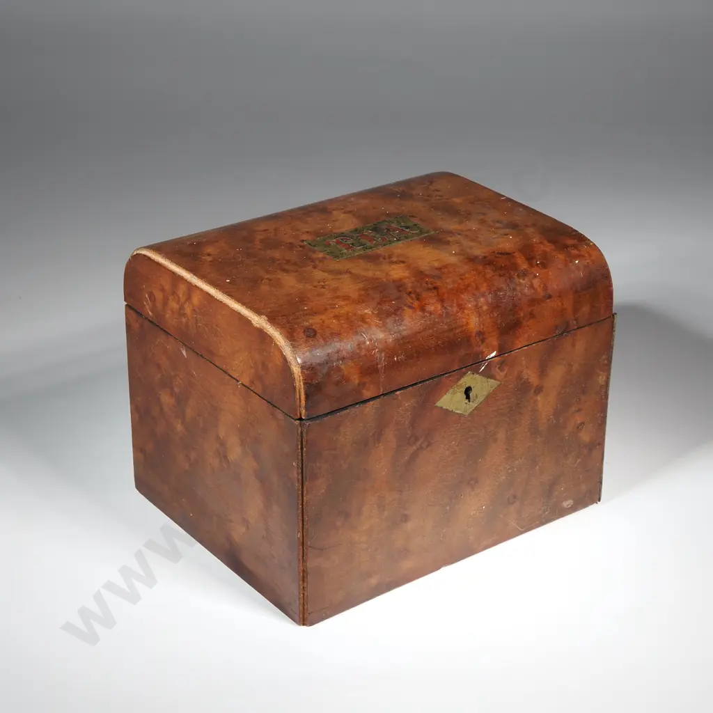 Small Antique Burr Wood Tea Caddy Marked Tea on Brass Plaque Image 1++
