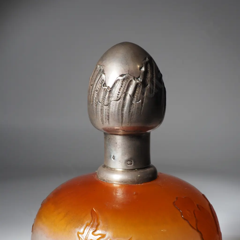 Early Émile Gallé Antique French Cameo Glass Perfume Bottle w French Art Nouveau Silver Lid Image 1++