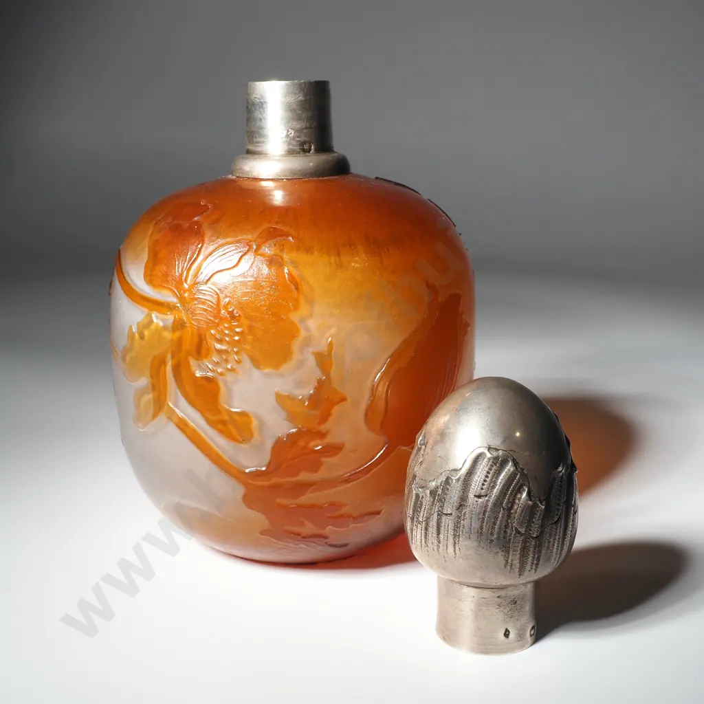 Early Émile Gallé Antique French Cameo Glass Perfume Bottle w French Art Nouveau Silver Lid Image 1++