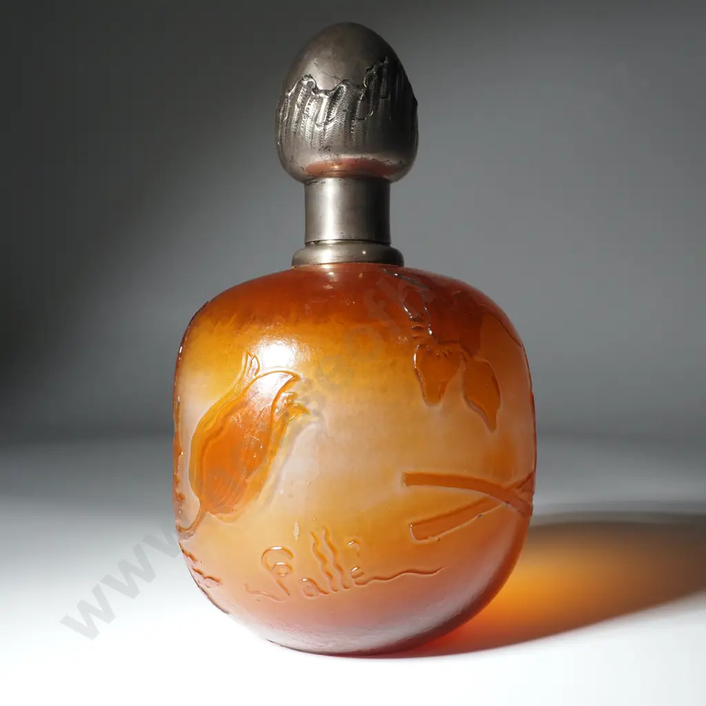 Early Émile Gallé Antique French Cameo Glass Perfume Bottle w French Art Nouveau Silver Lid Image 1++