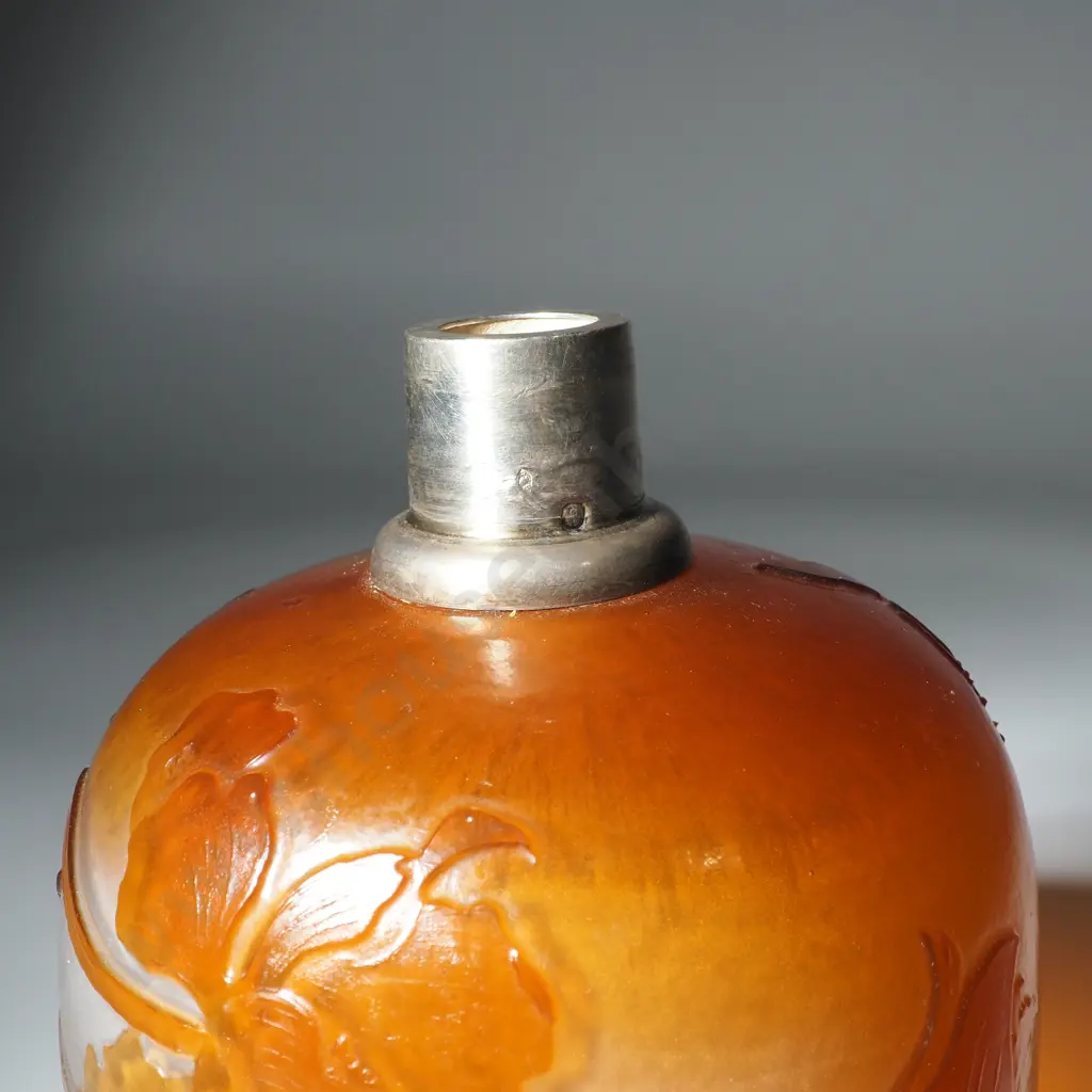 Early Émile Gallé Antique French Cameo Glass Perfume Bottle w French Art Nouveau Silver Lid Image 1++
