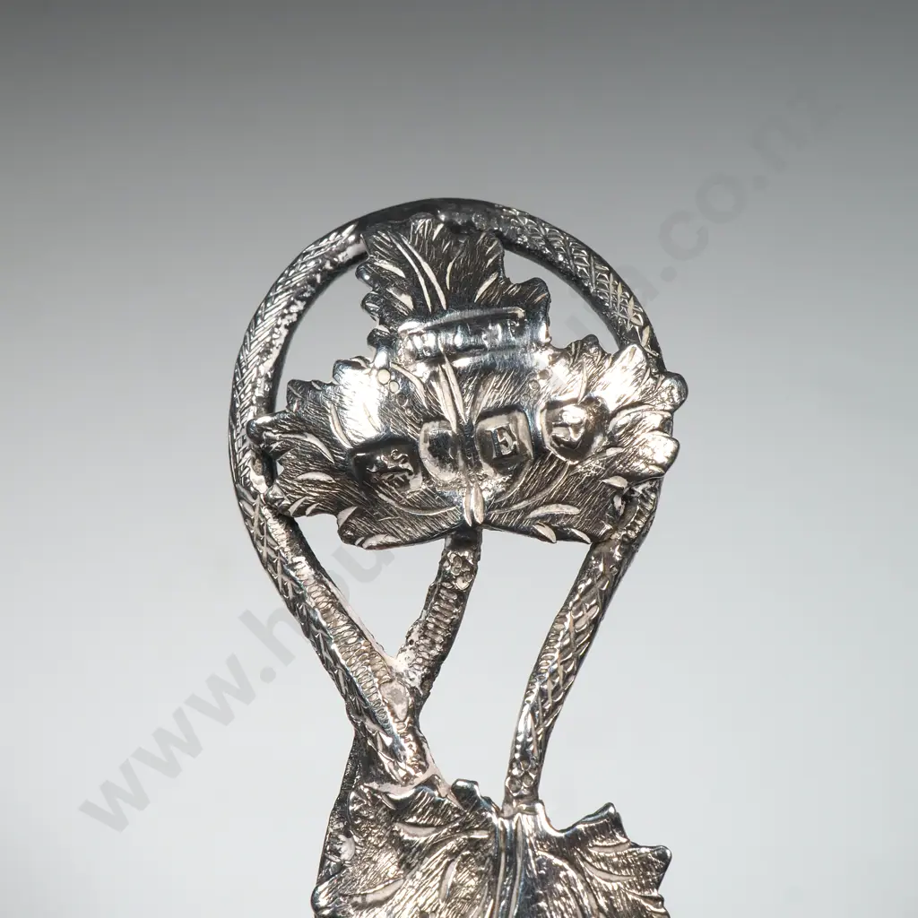 Antique Sterling Silver Caddy Spoon w Embossed Leaf & Grape Decoration to Bowl Image 1++