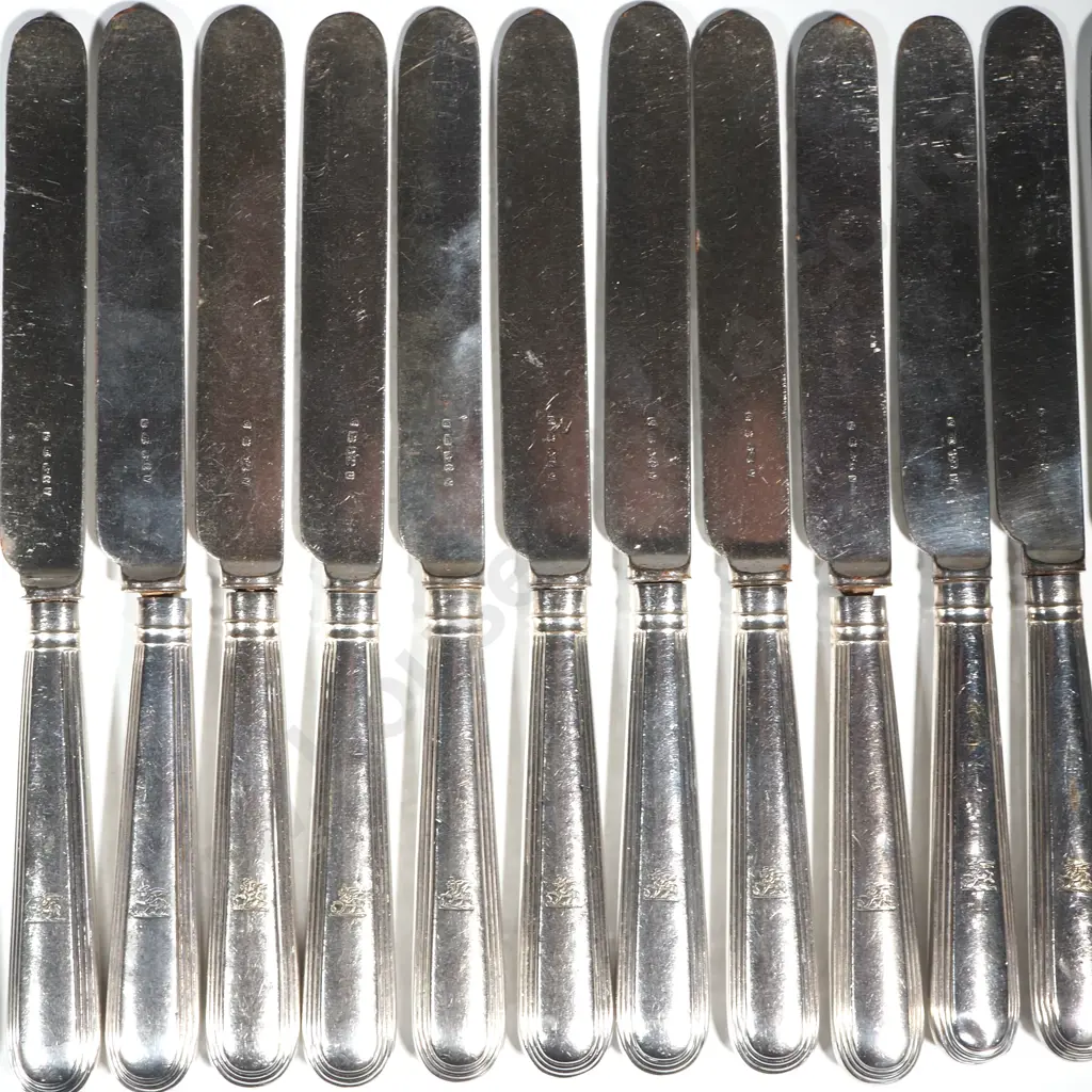 Set of Twelve EPNS Knives & Forks w Griffin Crest Image 1++