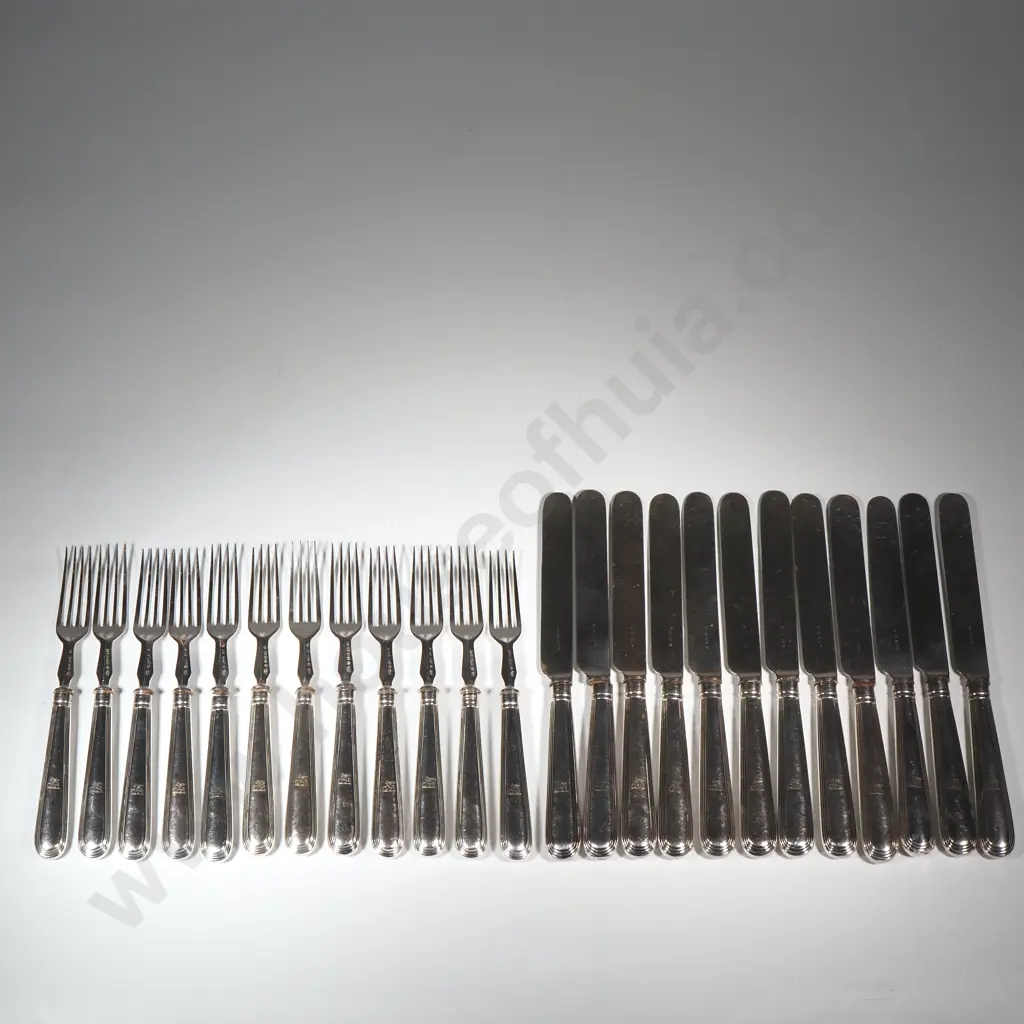 Set of Twelve EPNS Knives & Forks w Griffin Crest Image 1++