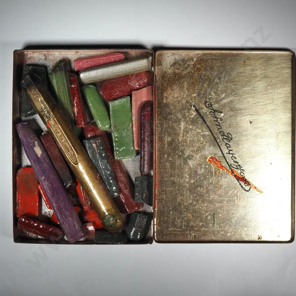 Cigarette Tin w Selection of Coloured Ceiling Wax & Hand Painted Lid - Signed Ward Image 1++