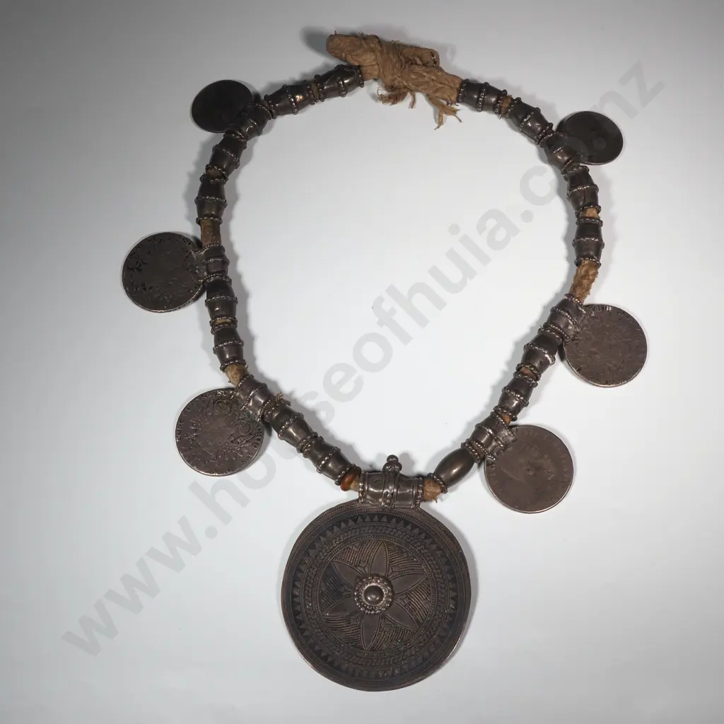 Antique Omani Silver Tribal Necklace w Barrel Beads Four Maria Thaler Coins & Two Rupee Coins Image 1++