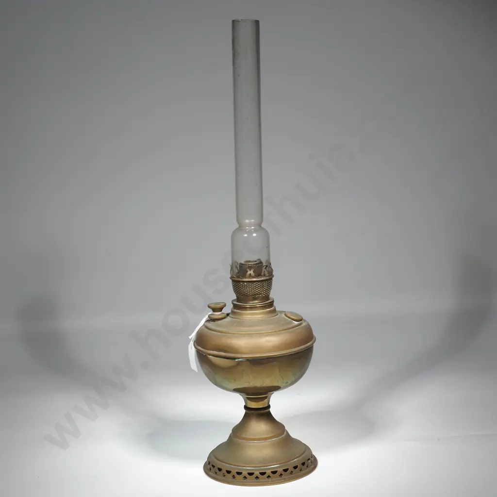 Antique Brass Kerosene Lamp Base &Chimney . Marked "The Roof" Image 1++