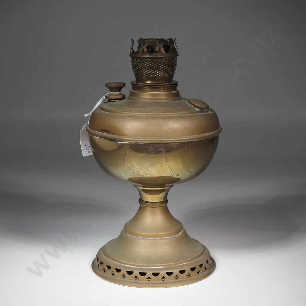 Antique Brass Kerosene Lamp Base &Chimney . Marked "The Roof" Image 1++