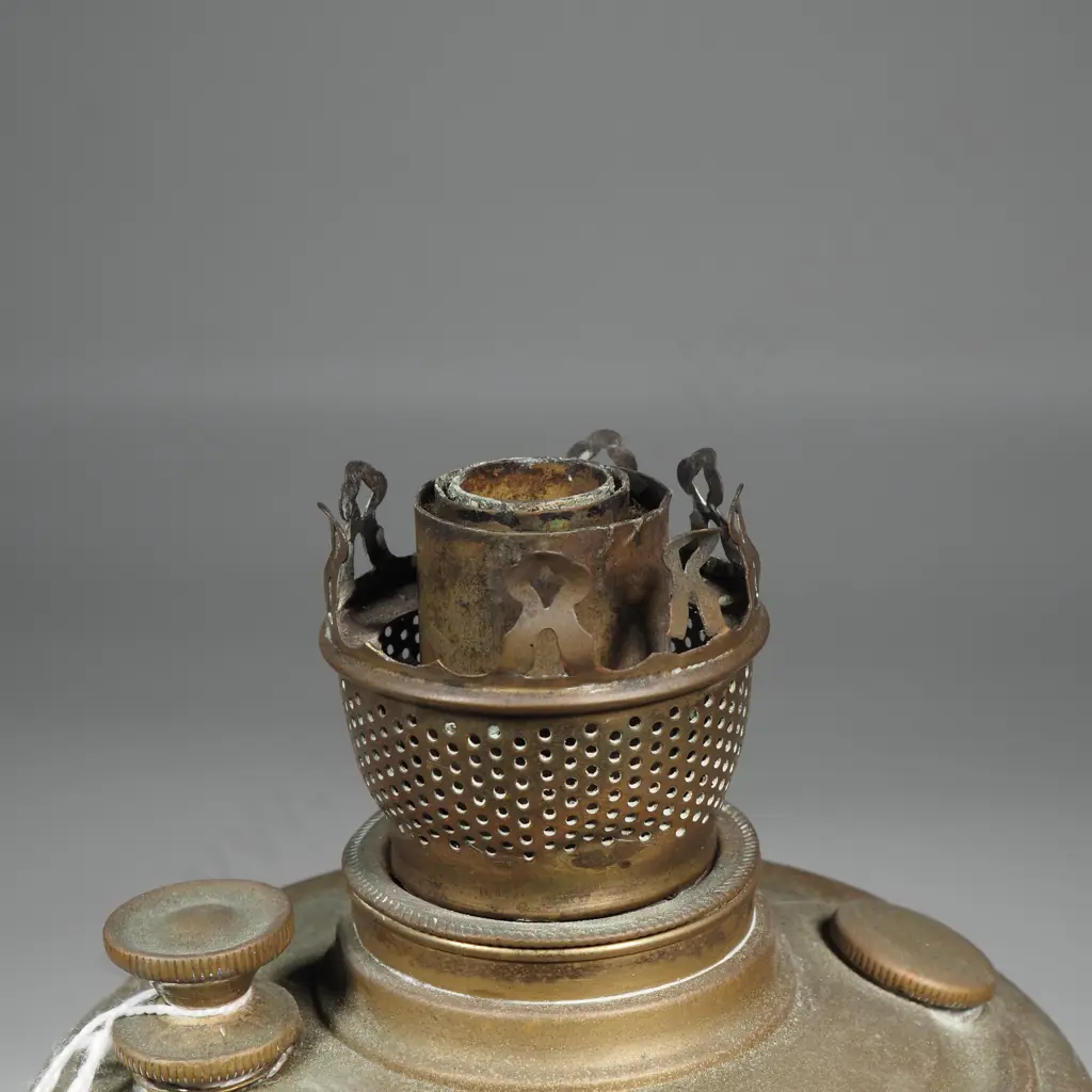 Antique Brass Kerosene Lamp Base &Chimney . Marked "The Roof" Image 1++