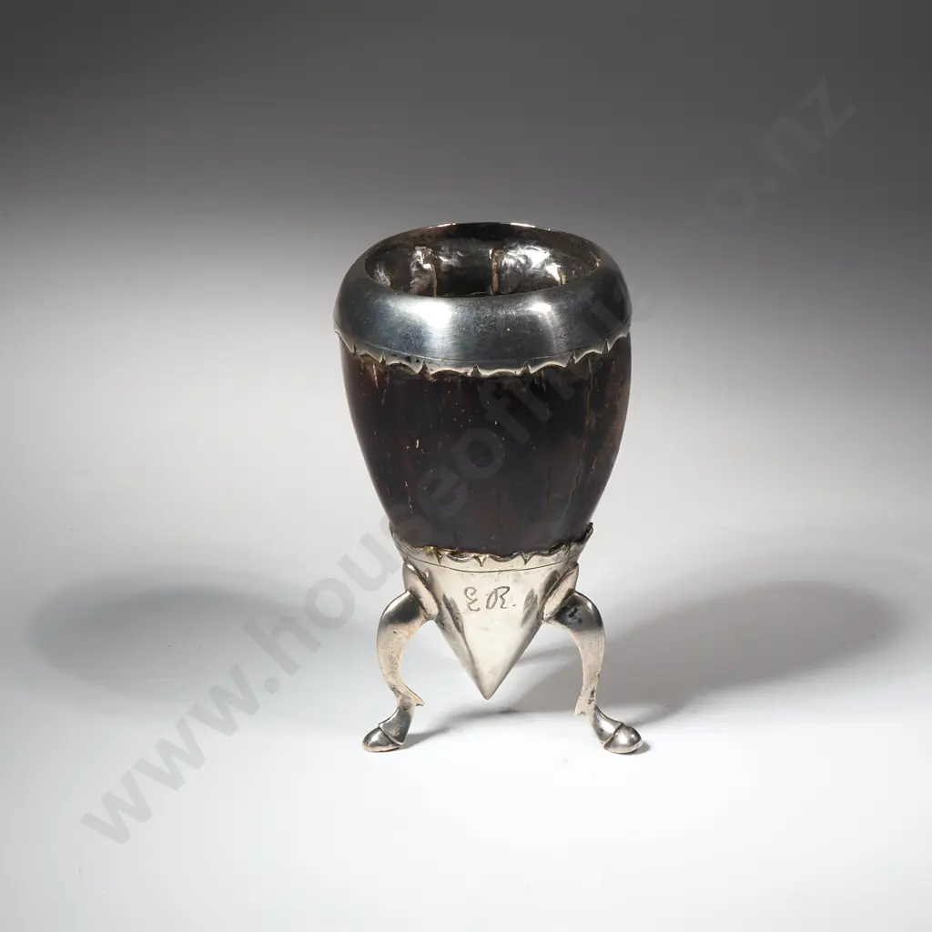 Georgian Sterling Silver Mounted Coconut Cup On a Three Footed Silver Base w Matching Rim. Marks Indecipherable Image 1++