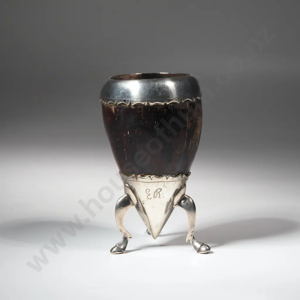 Georgian Sterling Silver Mounted Coconut Cup On a Three Footed Silver Base w Matching Rim. Marks Indecipherable Image 1++
